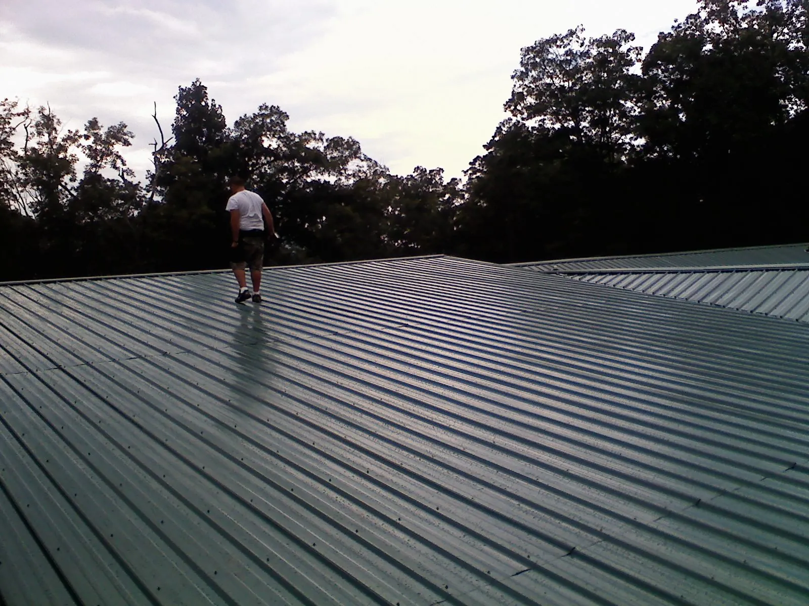 Roofer walking a wide expanse of new green metal roofing in Riceboro